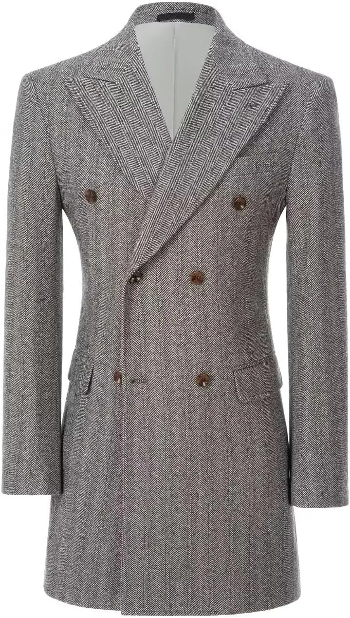 Men's Herringbone Wool Blend Trench Coat Peaked Collar Long Jacket Overcoat Double Breasted Pea Coat wih Pockets