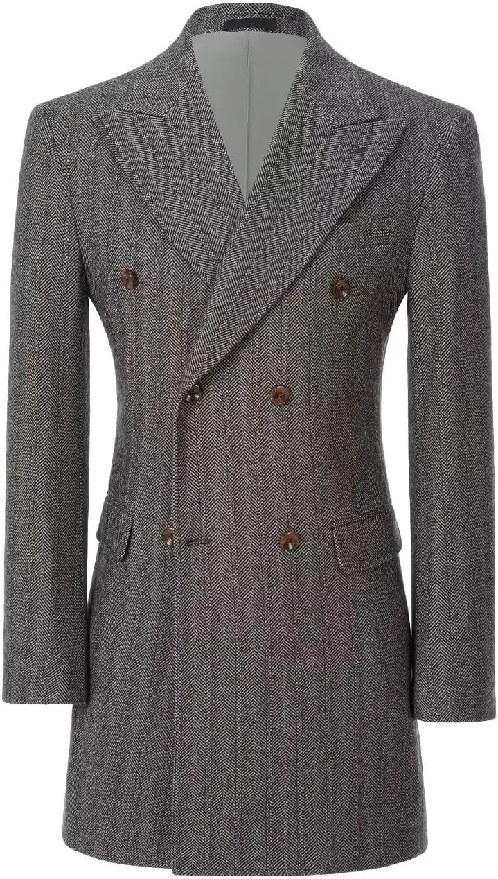 Men's Herringbone Wool Blend Trench Coat Peaked Collar Long Jacket Overcoat Double Breasted Pea Coat wih Pockets
