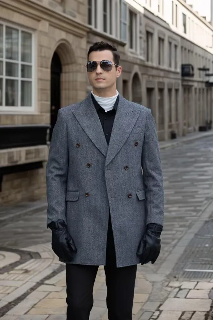 Men's Herringbone Wool Blend Trench Coat Peaked Collar Long Jacket Overcoat Double Breasted Pea Coat wih Pockets