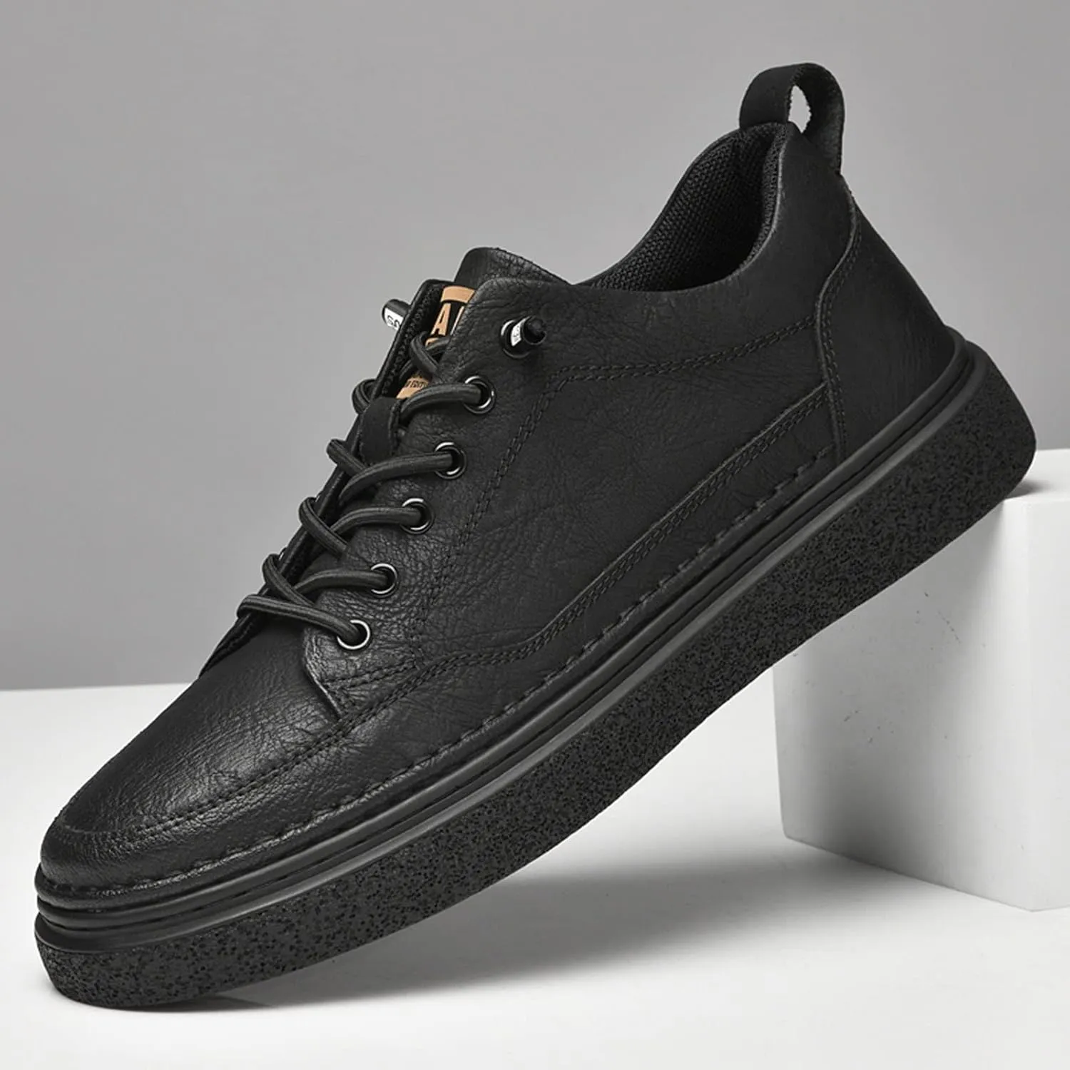 Mens Invisible Height Increasing Sneakers Cowhide Leather Moccasin Lace Up Elevator Dress Shoes - Extra 1.96 Inches Taller