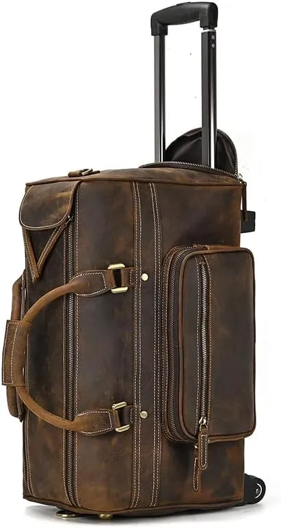 Mens leather cowhide pole case Vintage cowhide travel bag Large capacity suitcase Business travel handbag
