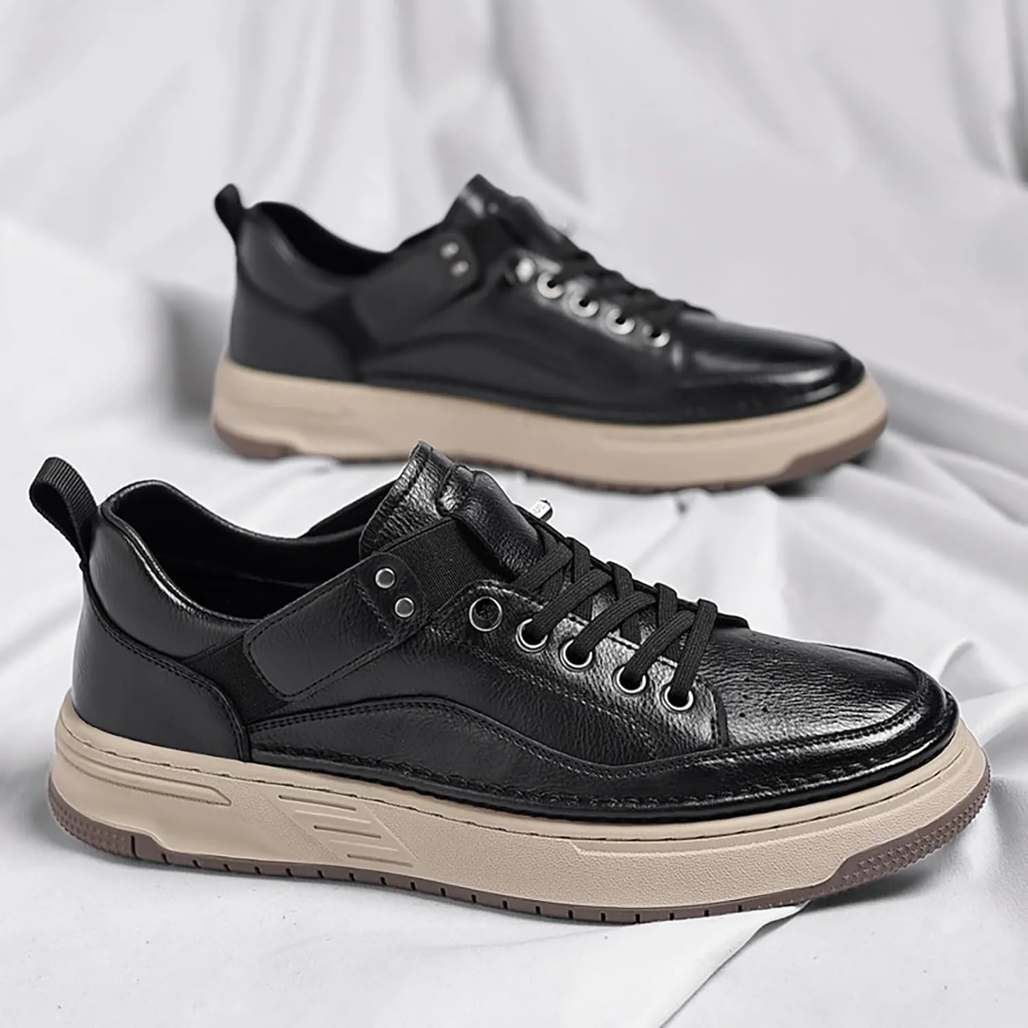 Men's Leather Handmade Fashion Sneakers Classic Lace Up Round Toe Business Casual Shoes Comfort Non-Slip Tennis Driving Walking Shoes