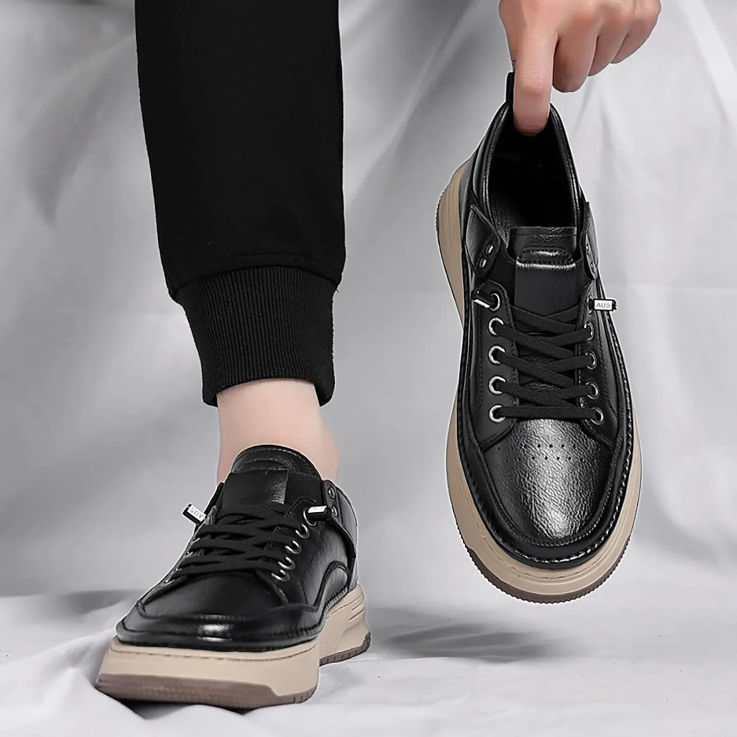 Men's Leather Handmade Fashion Sneakers Classic Lace Up Round Toe Business Casual Shoes Comfort Non-Slip Tennis Driving Walking Shoes