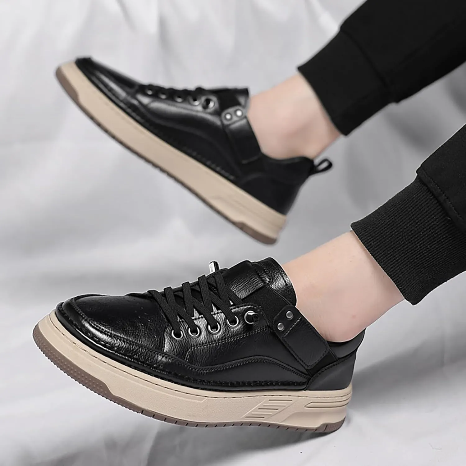 Men's Leather Handmade Fashion Sneakers Classic Lace Up Round Toe Business Casual Shoes Comfort Non-Slip Tennis Driving Walking Shoes