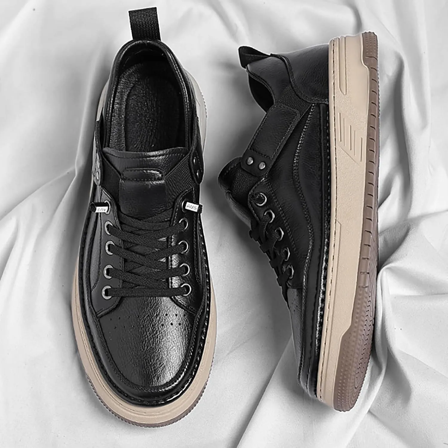 Men's Leather Handmade Fashion Sneakers Classic Lace Up Round Toe Business Casual Shoes Comfort Non-Slip Tennis Driving Walking Shoes