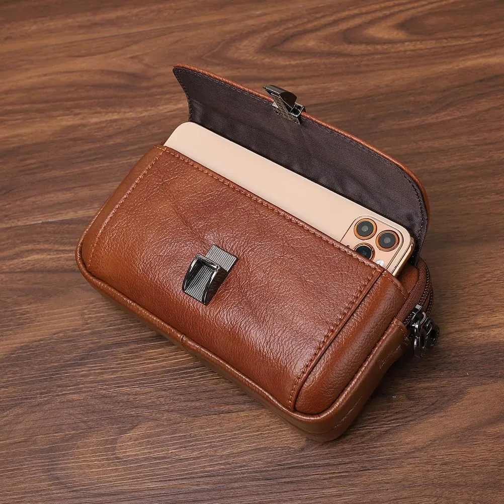 Men's Leather Waist Bag Leather Phone Purse Small Waist Pack Carry Pouch S Size Horizontal Coffee