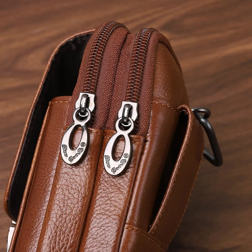 Men's Leather Waist Bag Leather Phone Purse Small Waist Pack Carry Pouch S Size Horizontal Coffee
