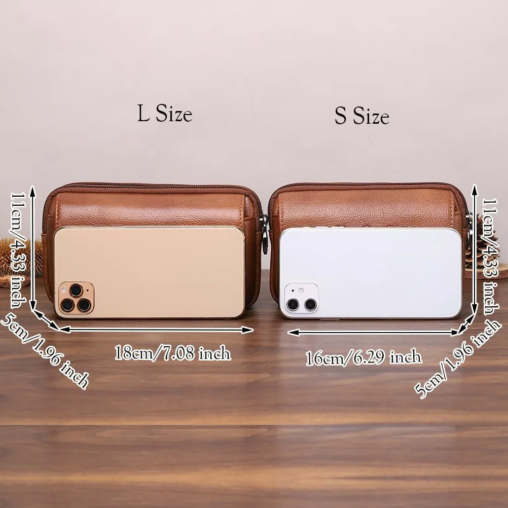 Men's Leather Waist Bag Leather Phone Purse Small Waist Pack Carry Pouch S Size Horizontal Coffee