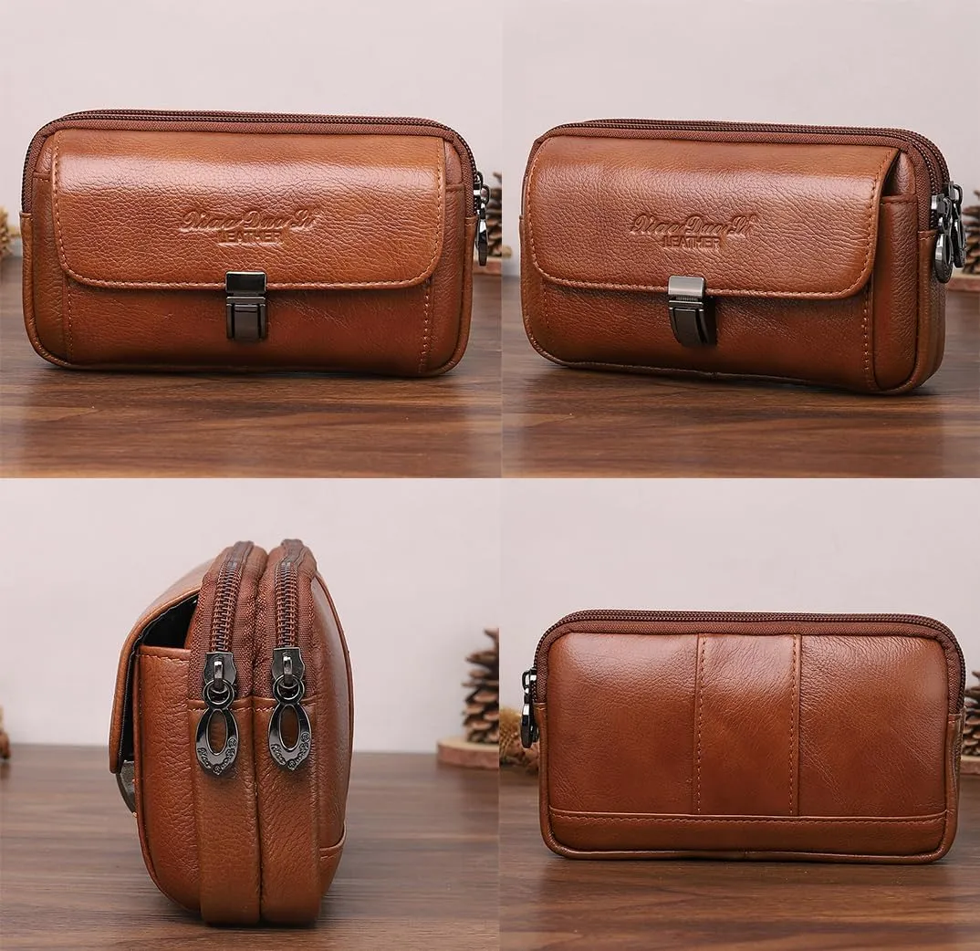 Men's Leather Waist Bag Leather Phone Purse Small Waist Pack Carry Pouch S Size Horizontal Coffee