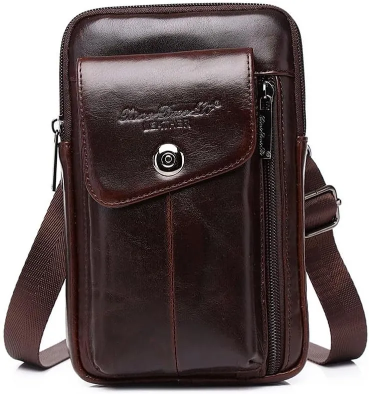 Men's Leather Waist Bag Messager Pouch Phone Purse Small Waist Pack For iPhone 15 14 12 11 Pro X Xs 8 7 Plus 6 6S Galaxy S20 S10 S9 S8 Style2-Coffee