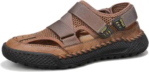 Men's Mesh Cutout Hook and Loop Fisherman Sandals Comfort Non Slip Lightweight Hand Stitching Beach Sandals Casual Wading Outdoor Sandals