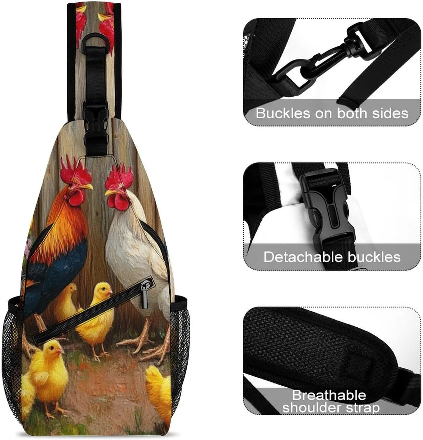 Men's Sling Bag Backpack Packable Breathable Crossbody Chest Rucksack - Garden Flowers Chicken Rooster Sunflowers Painting Anti-Theft Multipurpose Rucksack Tote Bags Crossbody Backpack
