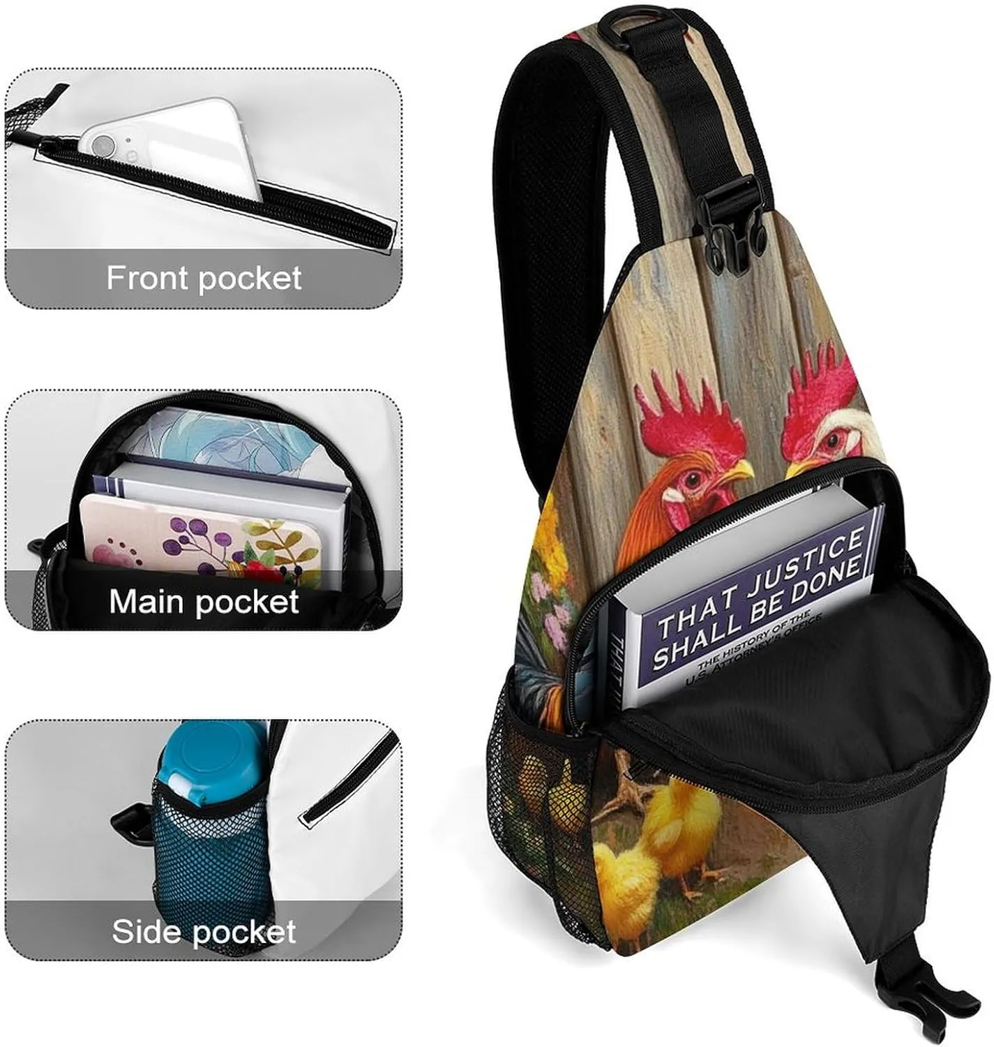 Men's Sling Bag Backpack Packable Breathable Crossbody Chest Rucksack - Garden Flowers Chicken Rooster Sunflowers Painting Anti-Theft Multipurpose Rucksack Tote Bags Crossbody Backpack