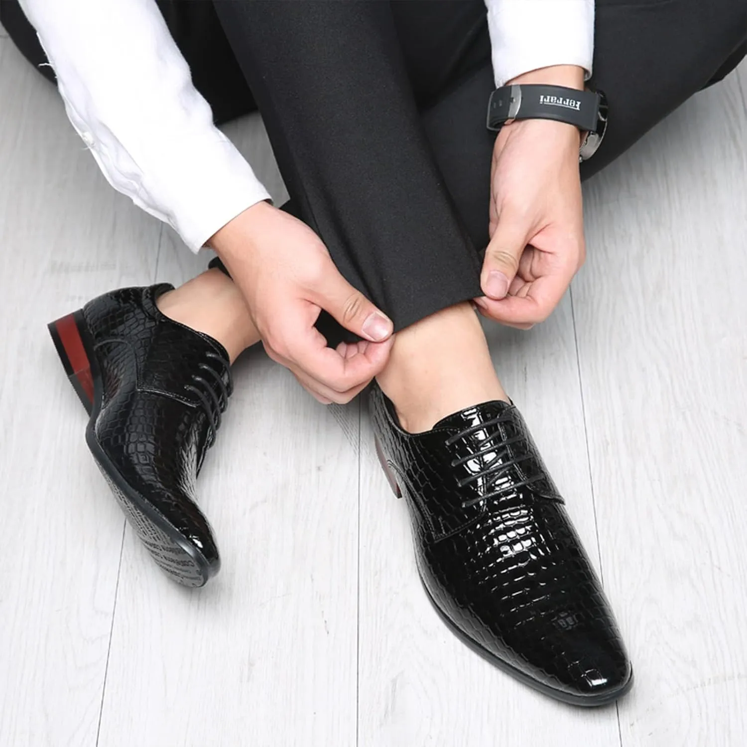 Men's Stone Patterned Leather Dress Oxford Shoes Fashion Pointed Patent Leather Lace-up Anti-Slip Business Wedding Formal Shoes Derby