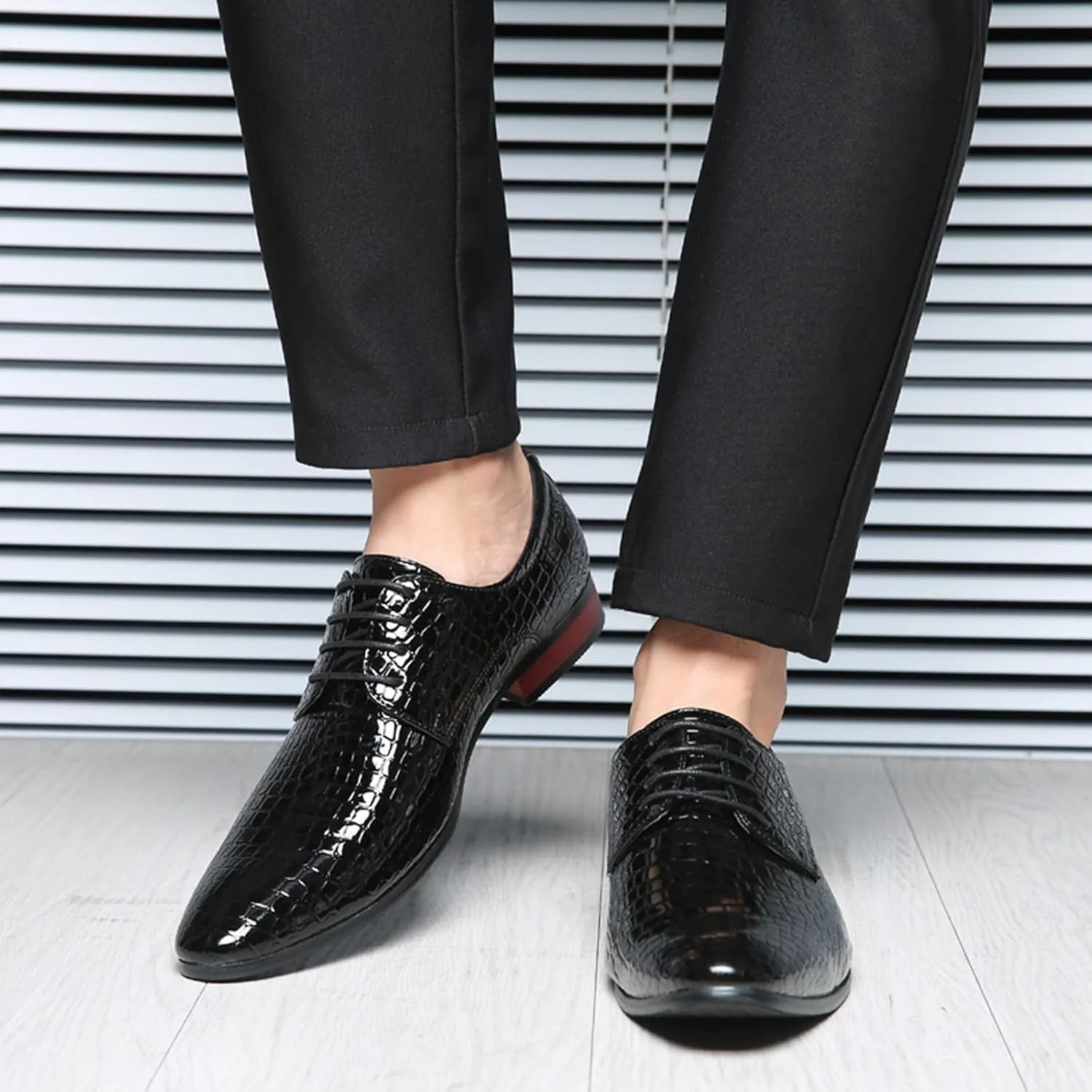 Men's Stone Patterned Leather Dress Oxford Shoes Fashion Pointed Patent Leather Lace-up Anti-Slip Business Wedding Formal Shoes Derby