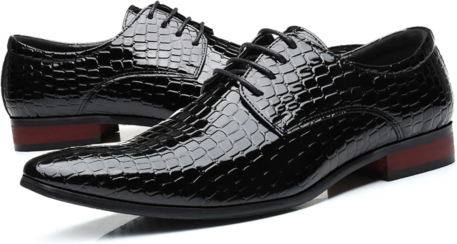 Men's Stone Patterned Leather Dress Oxford Shoes Fashion Pointed Patent Leather Lace-up Anti-Slip Business Wedding Formal Shoes Derby