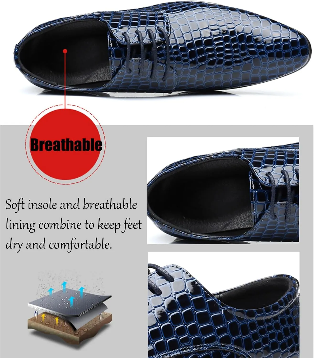 Men's Stone Patterned Leather Dress Oxford Shoes Fashion Pointed Patent Leather Lace-up Anti-Slip Business Wedding Formal Shoes Derby