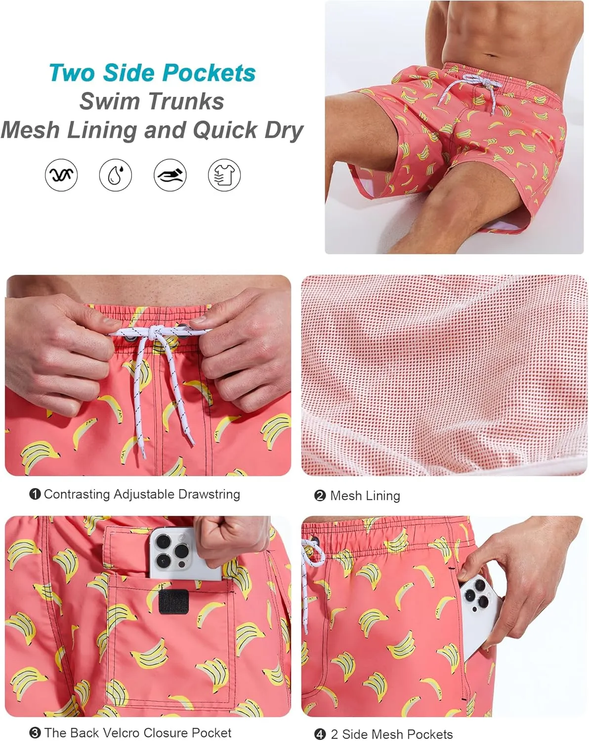 Mens Swim Trunks 6 Inch Inseam Mesh Lining Bathing Suits Quick Dry Beach Shorts Swimsuits Swimwear with Pockets
