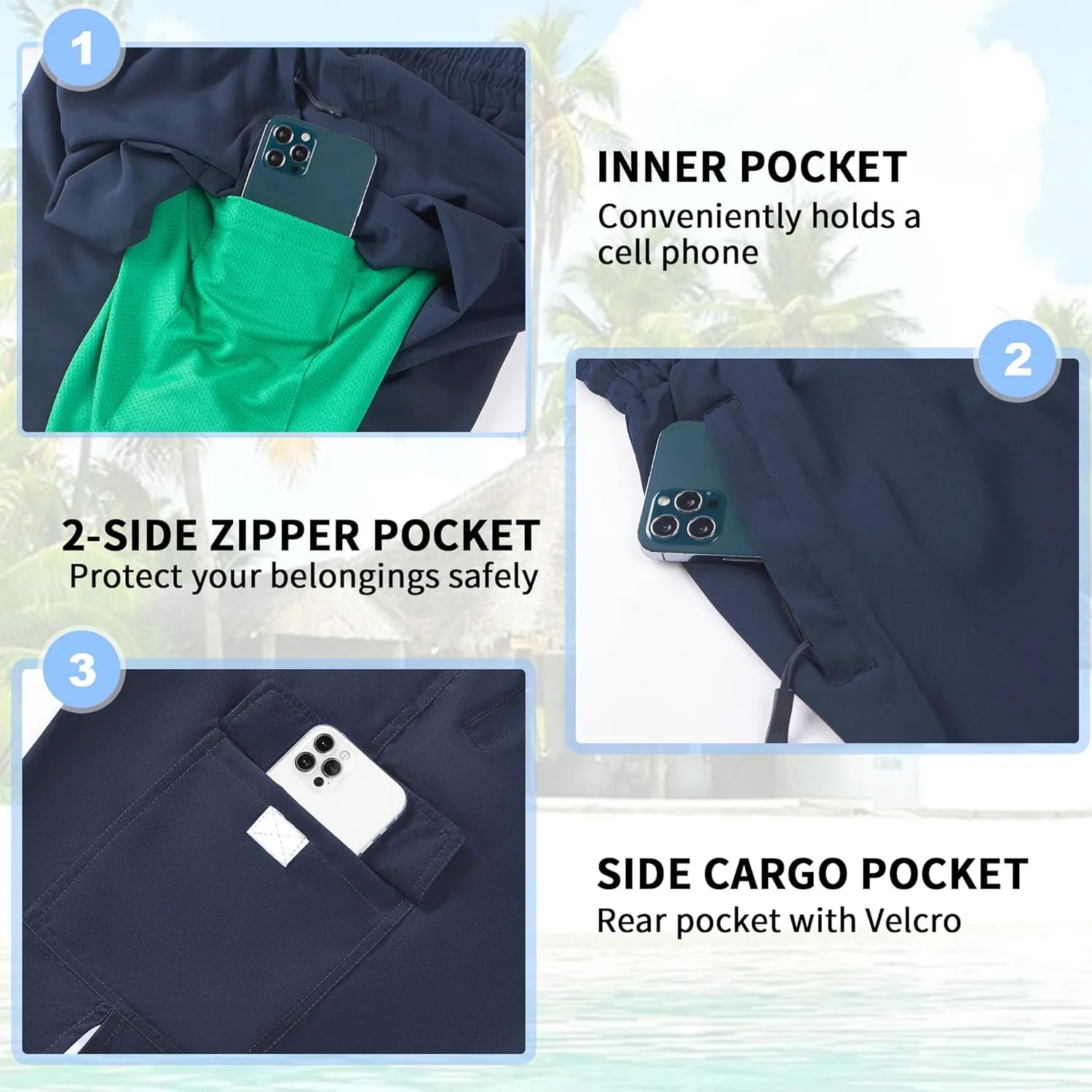 Mens Swim Trunks 9" Board Shorts with Compression Liner Swimsuit Built-in Bathing Suit Quick Dry Swimwear Zipper Pocket