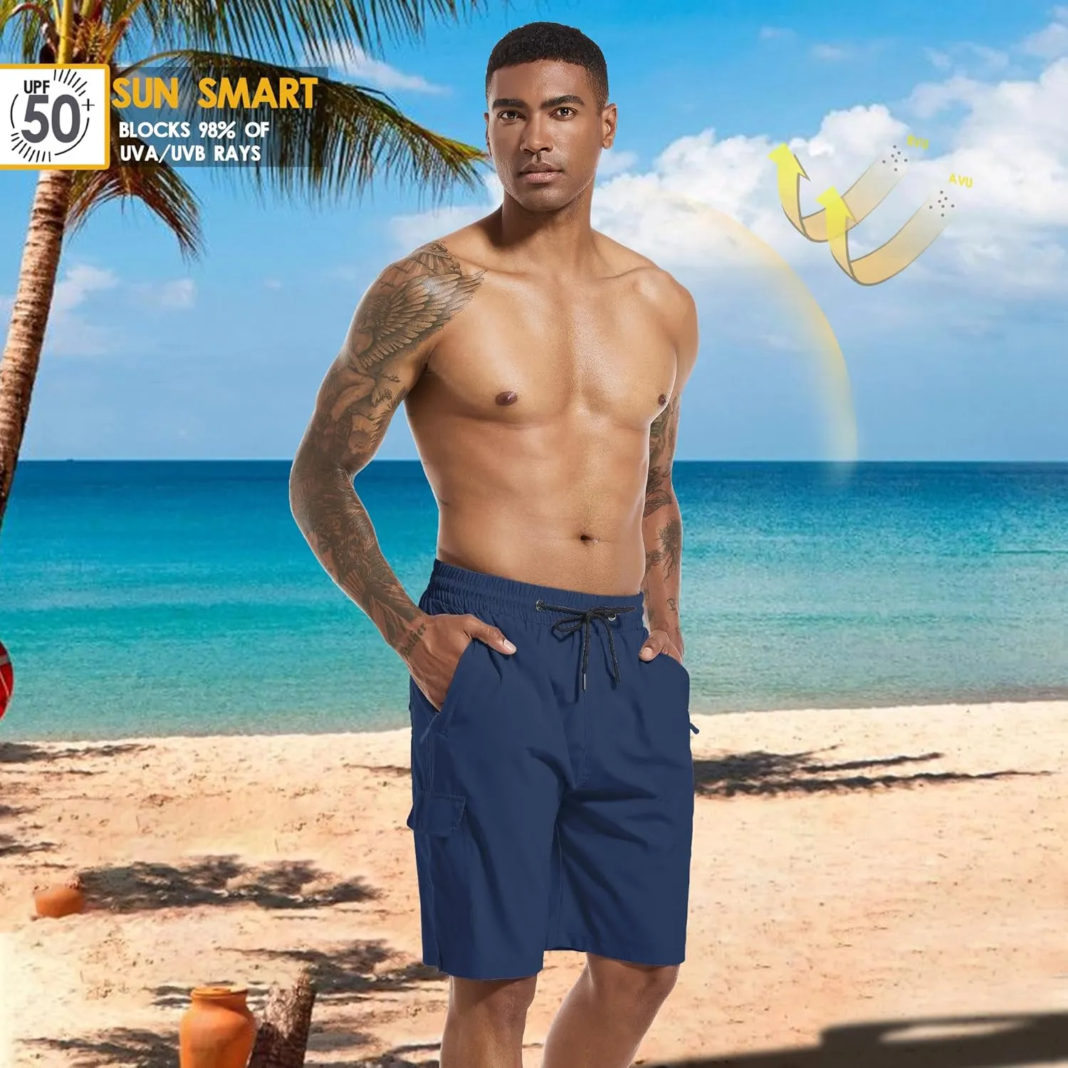 Mens Swim Trunks 9" Board Shorts with Compression Liner Swimsuit Built-in Bathing Suit Quick Dry Swimwear Zipper Pocket