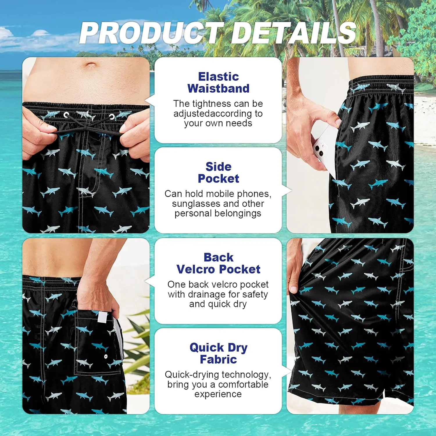 Mens Swim Trunks Quick Dry Board Shorts with Mesh Lining, Breathable Fit Hawaii Beach Shorts Swimwear Bathing Suits