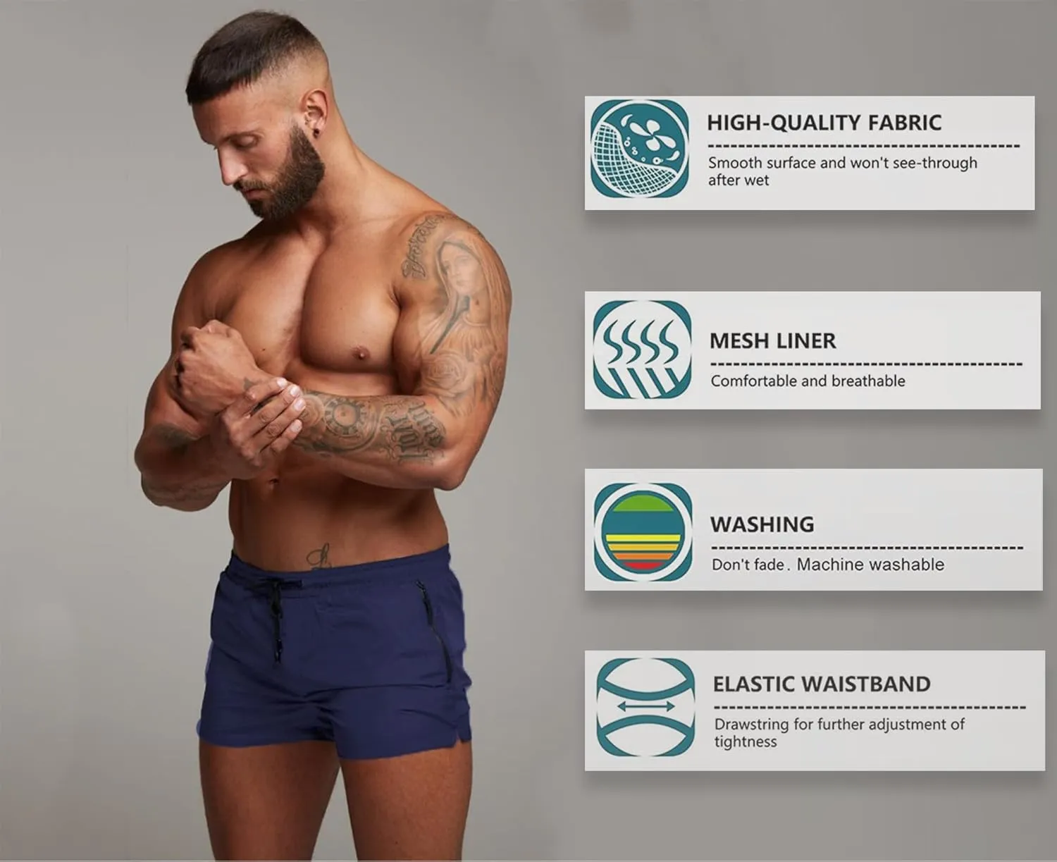 Mens Swim Trunks Quick Dry Swimwear Zipper Pockets, Swim Shorts with Mesh Lining