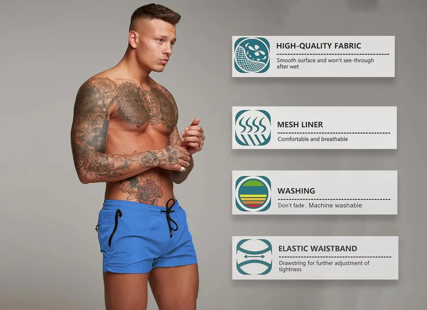 Mens Swim Trunks Quick Dry Swimwear Zipper Pockets, Swim Shorts with Mesh Lining