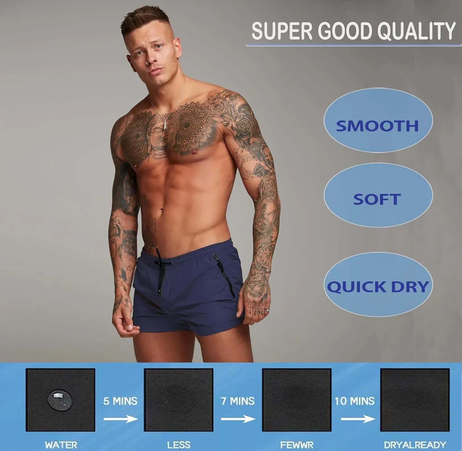 Mens Swim Trunks Quick Dry Swimwear Zipper Pockets, Swim Shorts with Mesh Lining