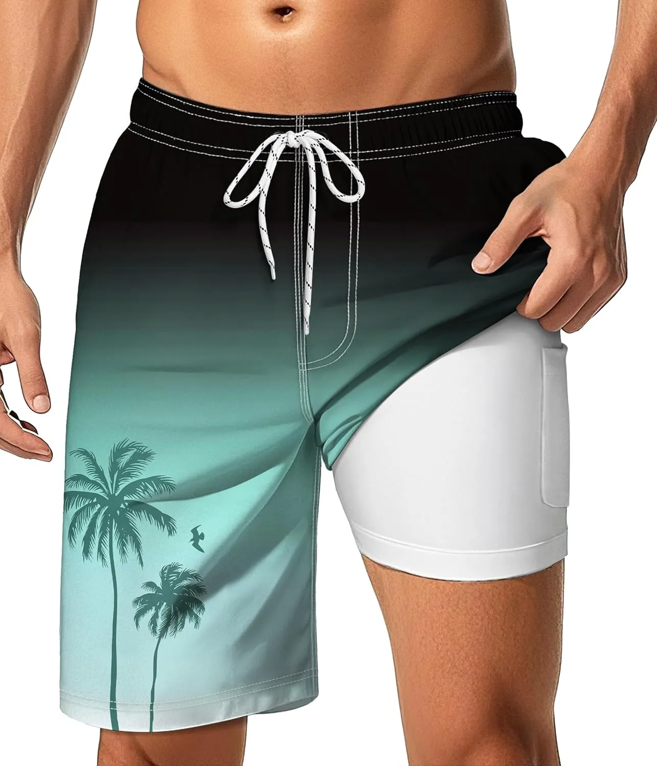 Mens Swim Trunks with Compression Liner 9" Swim Trunks Quick Dry Surfing Beach Shorts Hawaii Sports Shorts