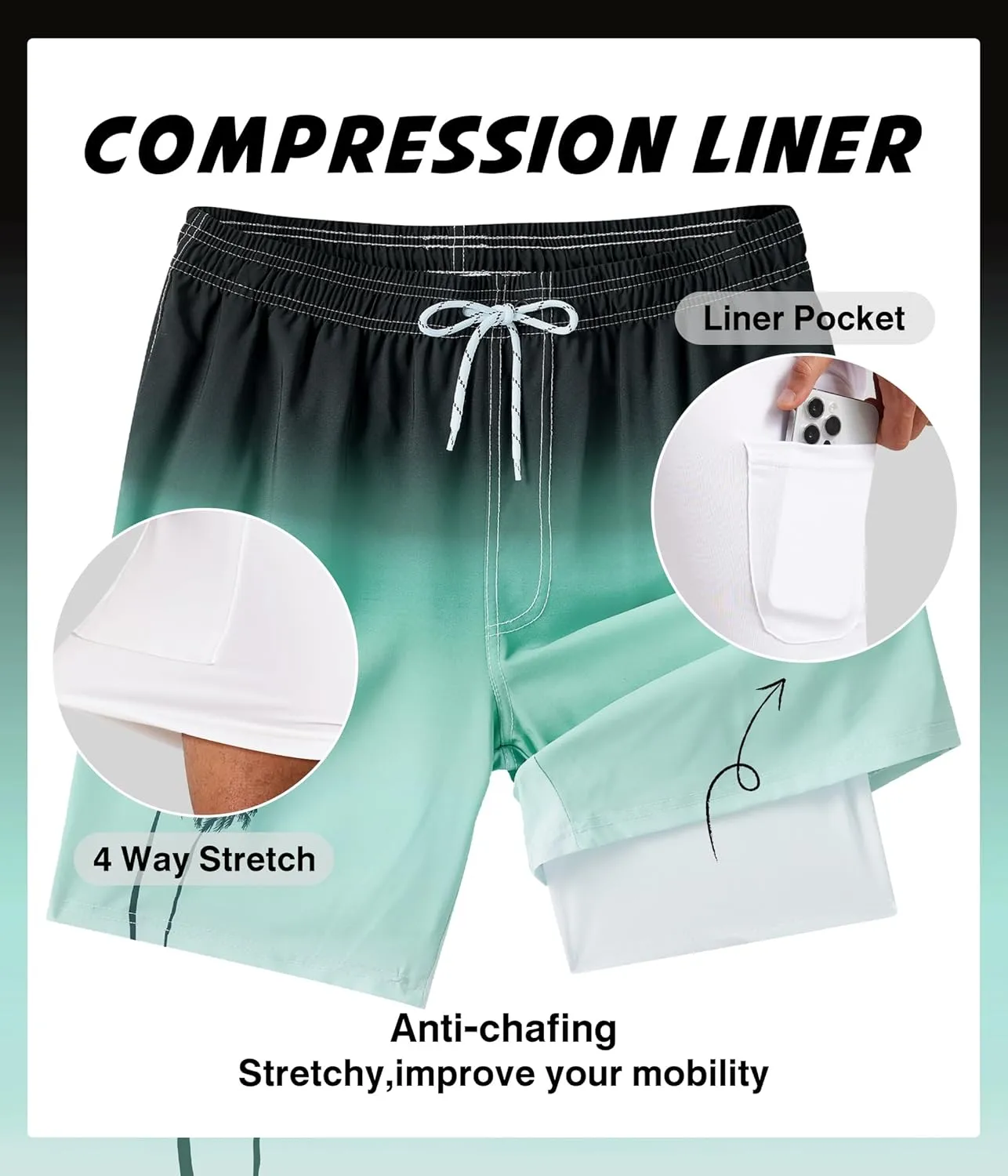 Mens Swim Trunks with Compression Liner 9" Swim Trunks Quick Dry Surfing Beach Shorts Hawaii Sports Shorts