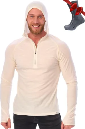 Merino.tech 100% Merino Wool Hoodie Men - Slim Fit Merino Wool Base Layer Mens Half Zip Thermal Long Sleeve Shirt and Socks