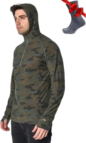 Merino.tech 100% Merino Wool Hoodie Men - Slim Fit Merino Wool Base Layer Mens Half Zip Thermal Long Sleeve Shirt and Socks