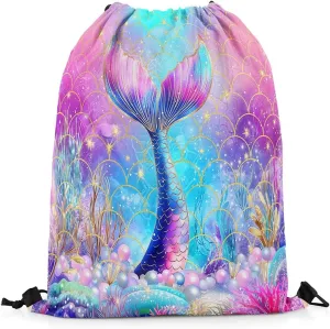 Mermaid Tail Drawstring Backpack Bag for Women,Dreamy Underwater World String Bag Sackpack,Fishscale Pearl Coral Water Resistant Backpack for Gym Shopping Sport Yoga