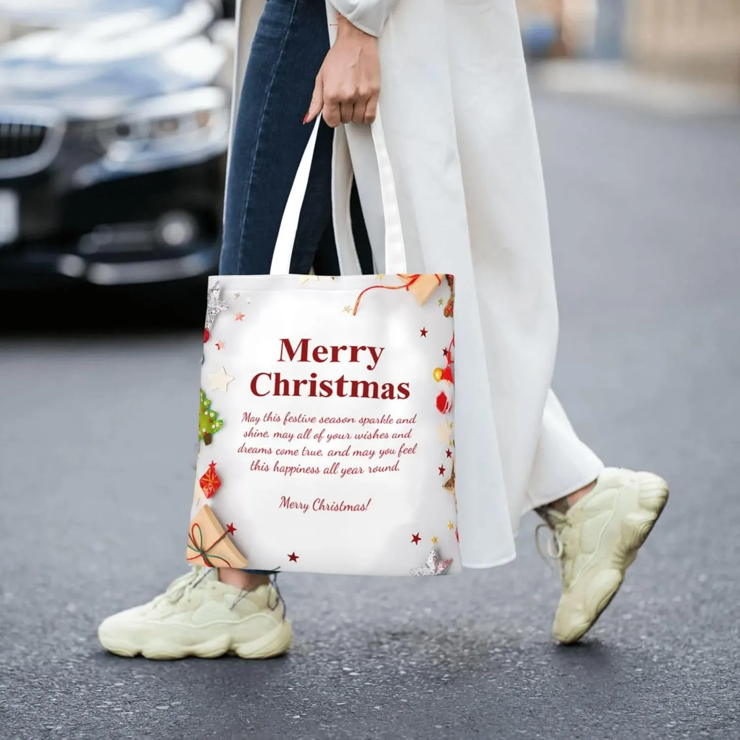 Merry Christmas Tree Snowflake Canvas Tote Bag for Women Reusable Grocery Shoulder Bags Shopping Handbags