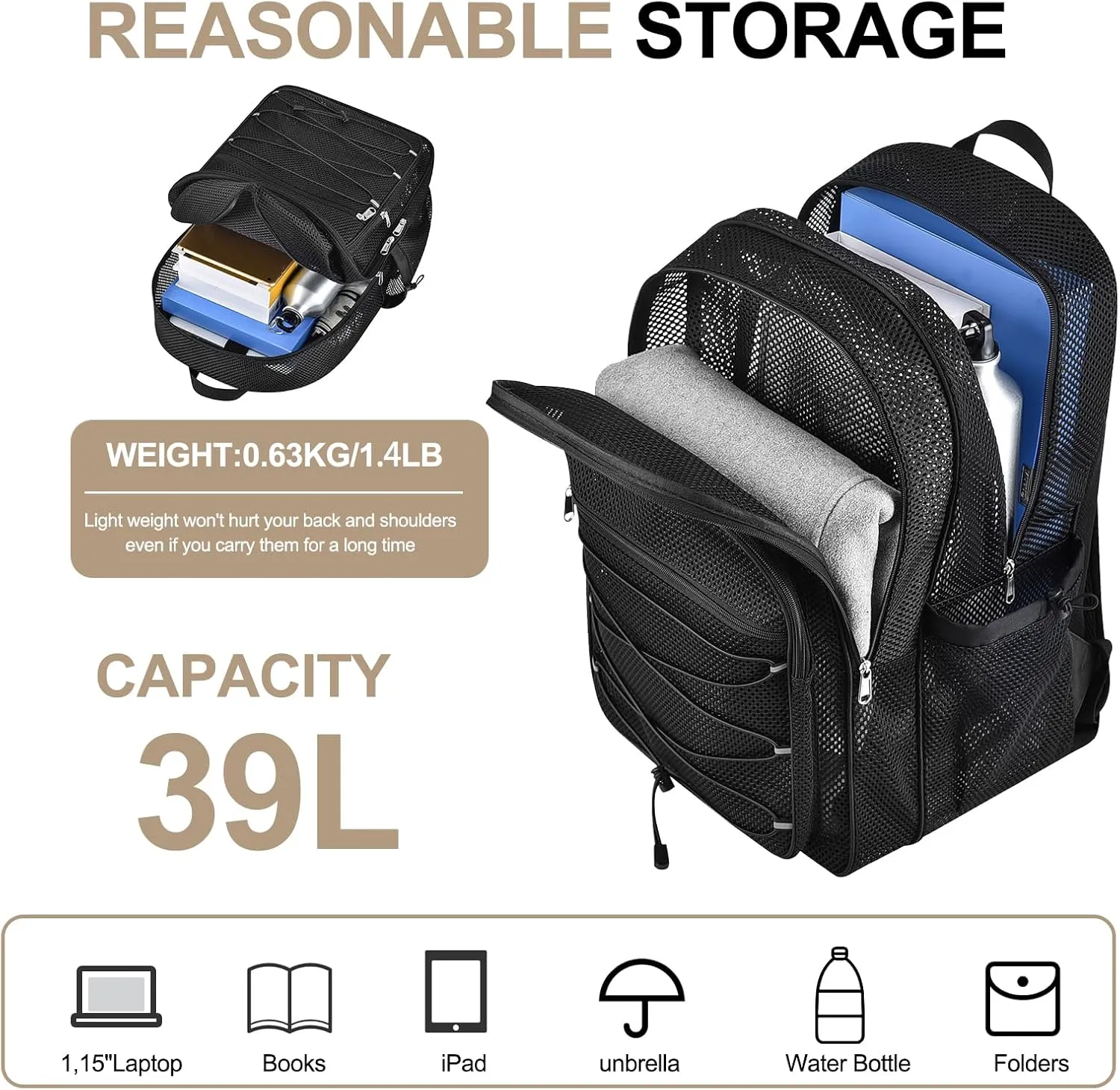 Mesh Backpacks for School, Heavy Duty Mesh School Bags for Boys and Girls See Through with Adjustable Straps for Swimming, Fitness, Sports, Carry Portable Oxygen Concentrators