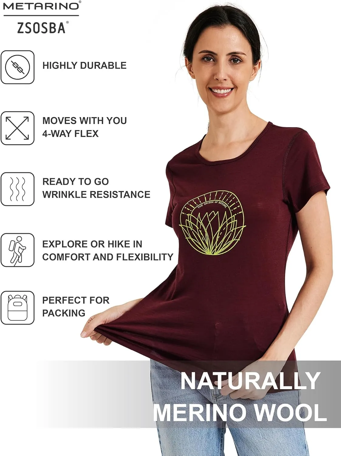 METARINO Merino Wool T-Shirt Women Short Sleeve Lightweight Crew Neck Base Layer Tee Shirt for Hiking,Sport
