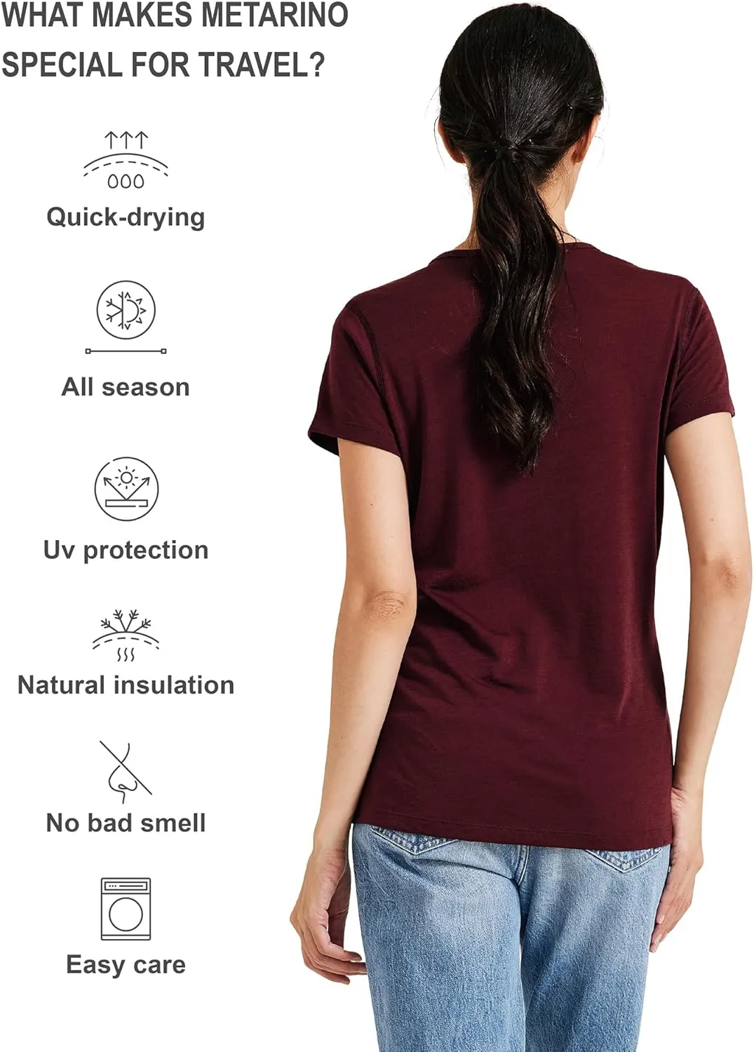 METARINO Merino Wool T-Shirt Women Short Sleeve Lightweight Crew Neck Base Layer Tee Shirt for Hiking,Sport
