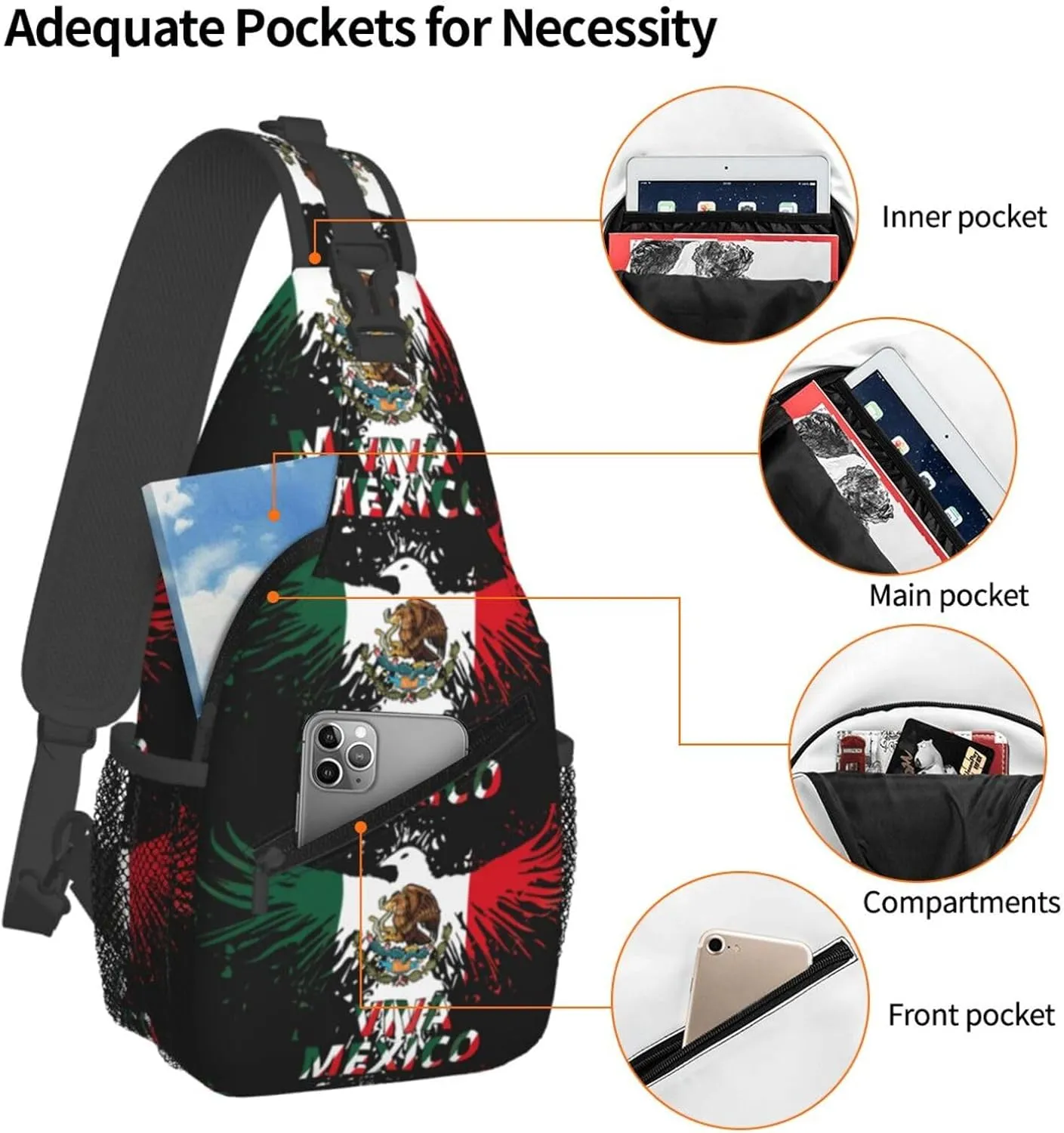 Mexico Eagle Mexican Mx National Flags Chest Sling Bag Crossbody Shoulder Backpack Bag Gym Cycling Daypack Travel Hiking Cross Bag