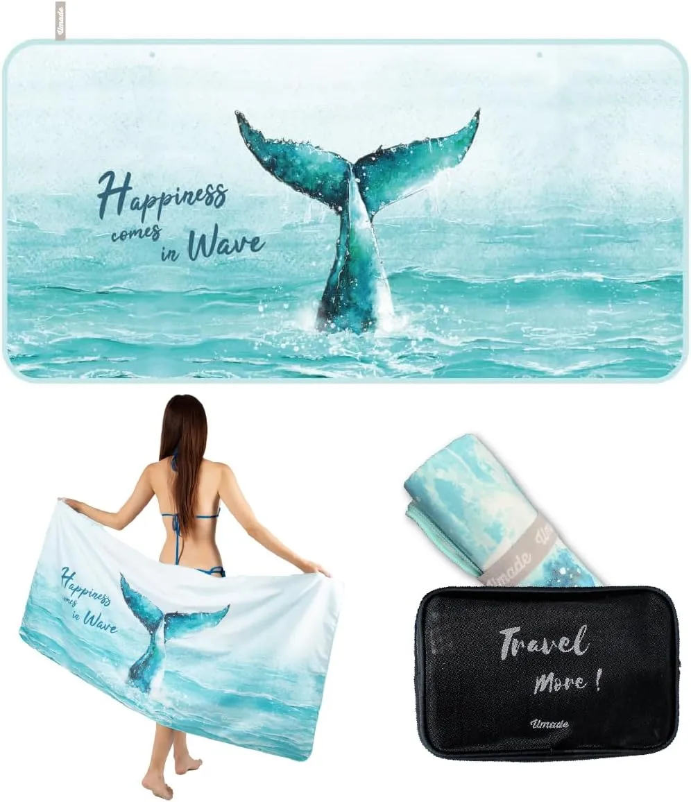 Microfiber Beach & BathTowel -Travel Mesh Organizer Incl - Quick Dry Absorbent, Sand Free, Compact, Lightweight for Travel Swimming Pool - Whale Tail Aqua Blue - Medium 59” x 29.5” (2 Sizes)