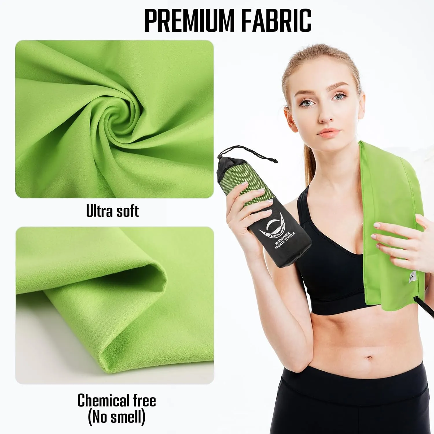 Microfiber Sports Towel, 3 Size in One Pack, Quick Dry,Soft,Highly-Absorbent,Lightweight,Easy-to-Carry, Perfect for Sports,Gym,Yoga,Beach,Swimming,Travel,Camping,Backpacking (Green)