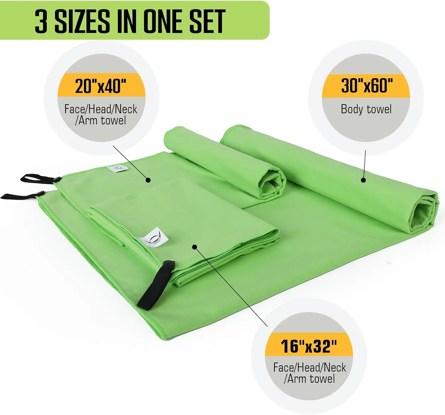 Microfiber Sports Towel, 3 Size in One Pack, Quick Dry,Soft,Highly-Absorbent,Lightweight,Easy-to-Carry, Perfect for Sports,Gym,Yoga,Beach,Swimming,Travel,Camping,Backpacking (Green)