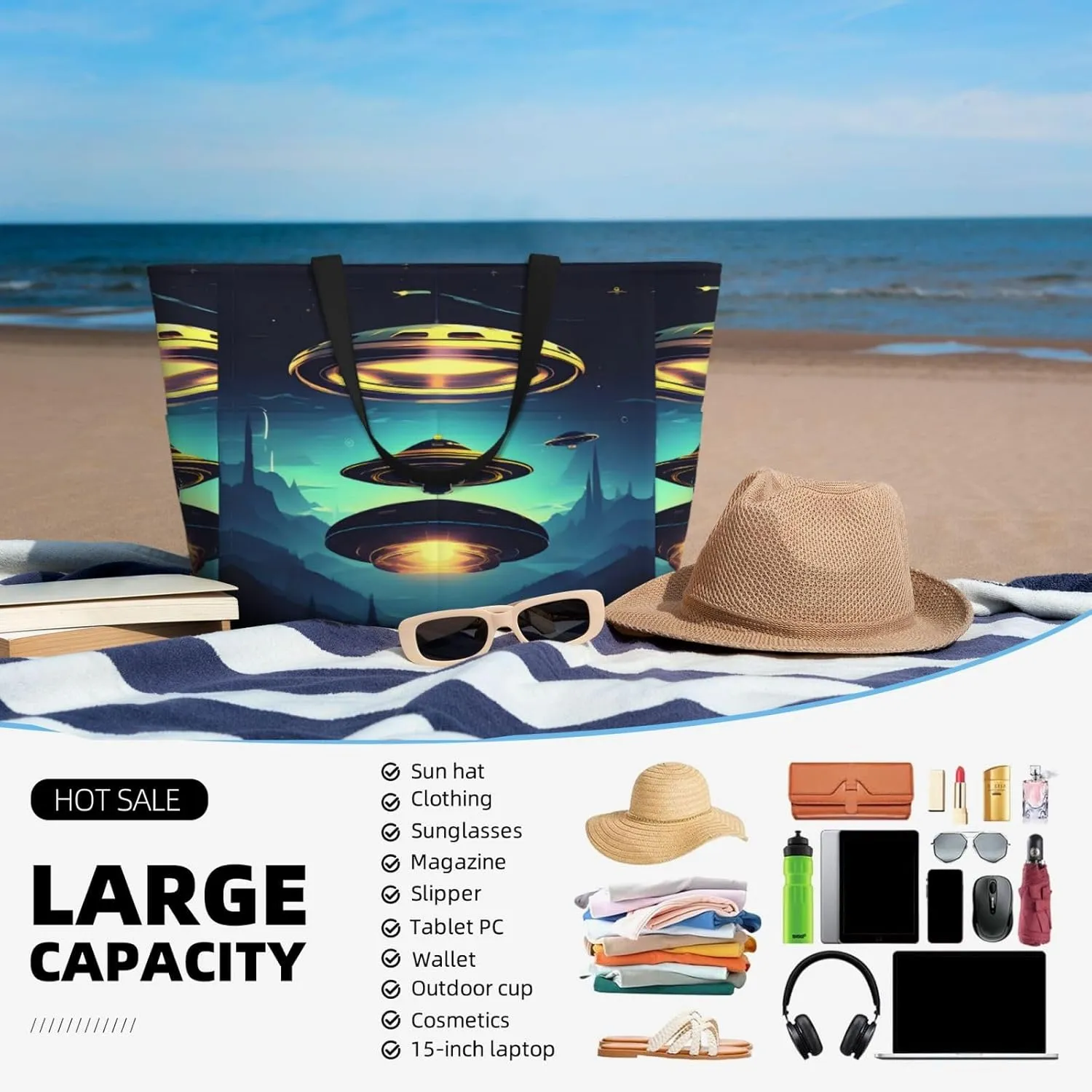 Mid Century Modern Spacious Large Capacity Beach Travel Bag - Foldable Beach Bag Tote Bag With Zipper