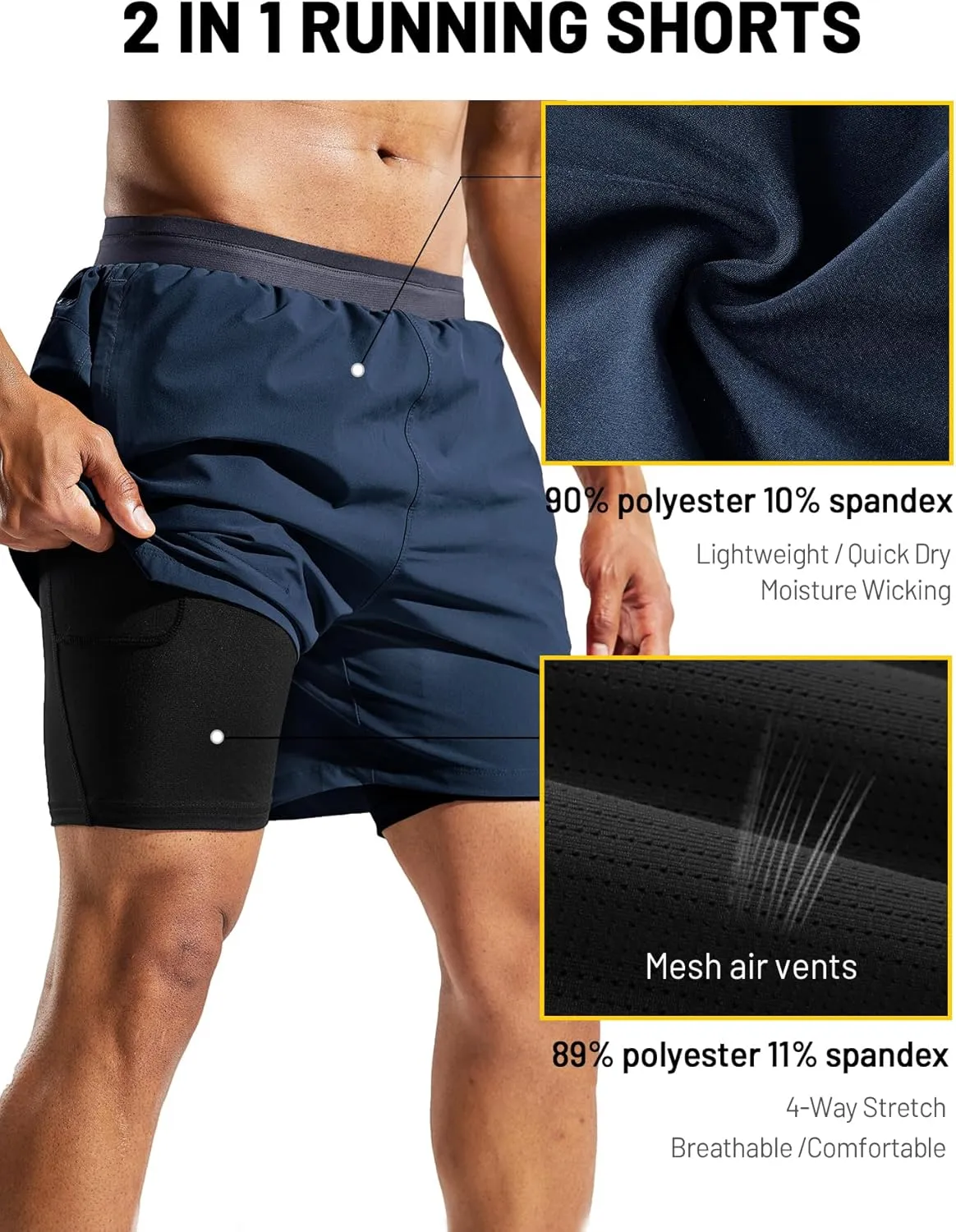 MIER Men's 2 in 1 Running Shorts with Liner 5" Quick Dry Gym Workout Athletic Shorts with Pockets, Lightweight, Breathable