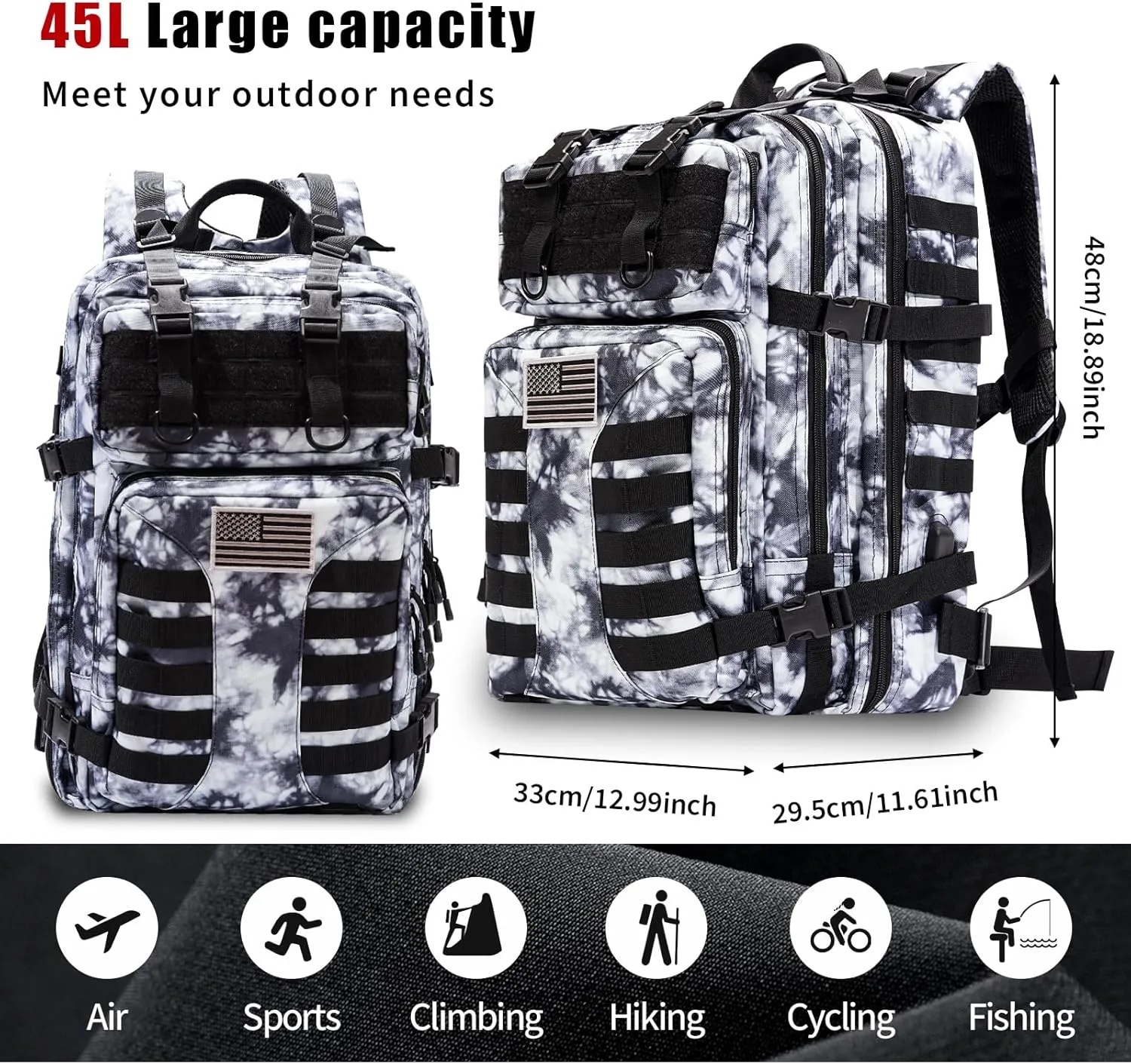 Military Tactical Backpack - 45L Large Assault Tactical Backpacks Molle Hiking Pack 3 Days Bug Out Bag - Waterproof Army Rucksack Tactical Gear for Camping/Traveling/Gym/Fishing- Black/White