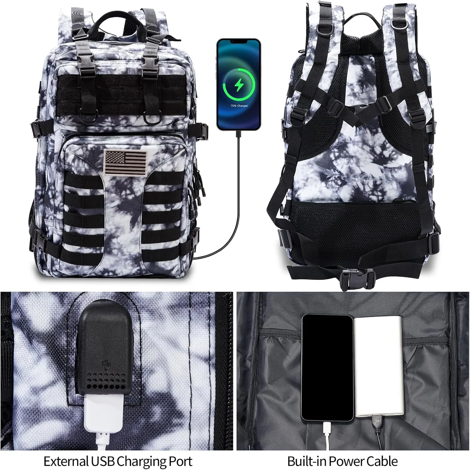Military Tactical Backpack - 45L Large Assault Tactical Backpacks Molle Hiking Pack 3 Days Bug Out Bag - Waterproof Army Rucksack Tactical Gear for Camping/Traveling/Gym/Fishing- Black/White