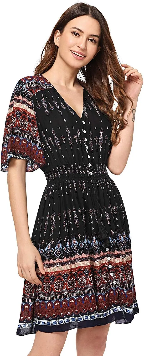 Milumia Women's Boho Button Up Split Floral Print Flowy Party Dress