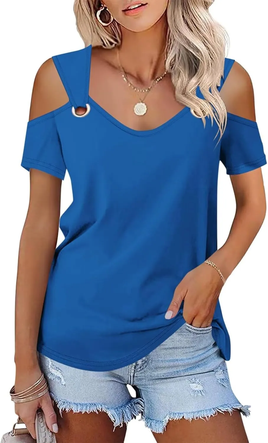 Minetom Women's Cold Shoulder Tops Short Sleeve V Neck T Shirts Basic Summer Tees