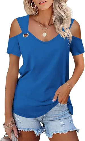 Minetom Women's Cold Shoulder Tops Short Sleeve V Neck T Shirts Basic Summer Tees