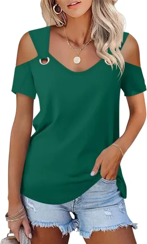 Minetom Women's Cold Shoulder Tops Short Sleeve V Neck T Shirts Basic Summer Tees