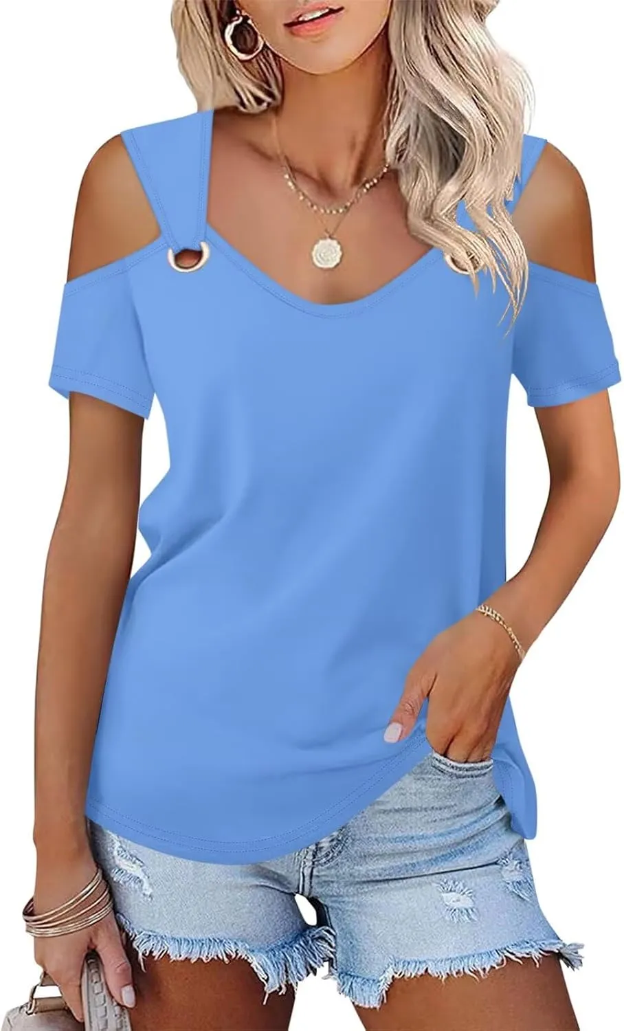 Minetom Women's Cold Shoulder Tops Short Sleeve V Neck T Shirts Basic Summer Tees